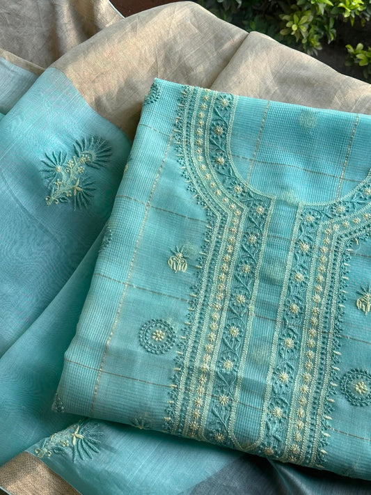 Aqua Green Shade Tissue Zari Kota Chikankari Unstitched Fabric