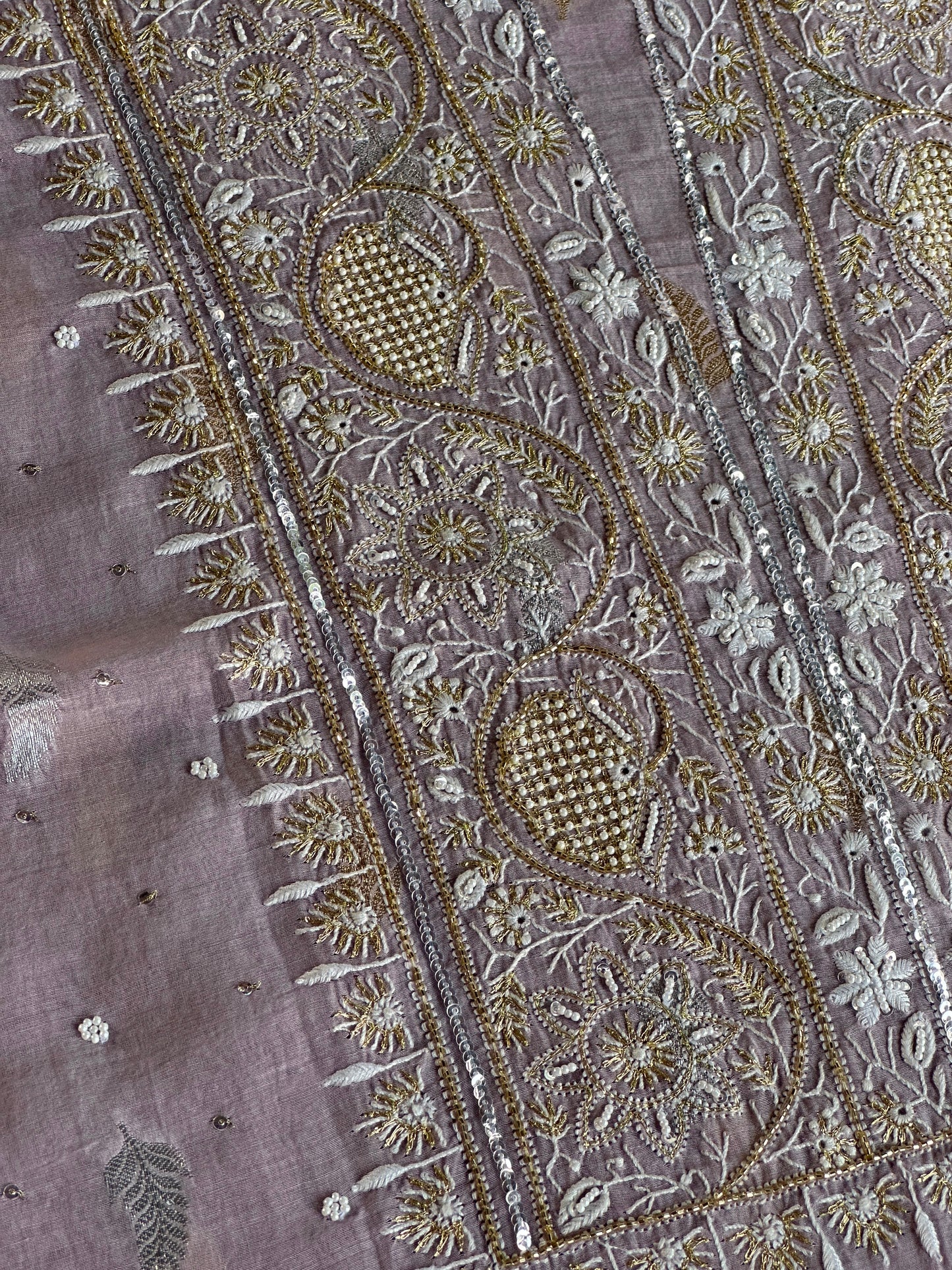Lavender Shade Banarasi Zari Chanderi Unstitched Chikankari Fabric