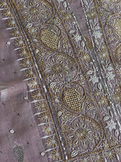 Lavender Shade Banarasi Zari Chanderi Unstitched Chikankari Fabric