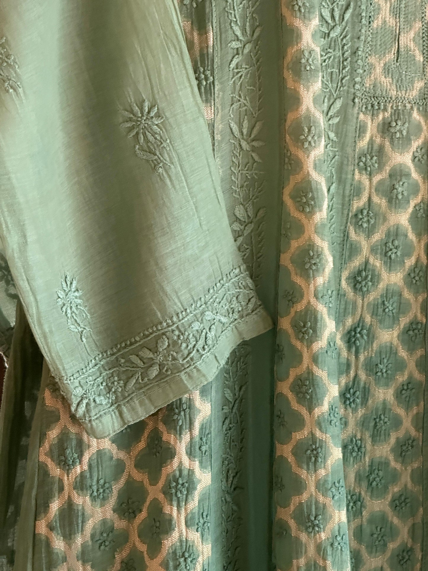 Green Zari Chanderi Chikankari A Line Kurta with Slip