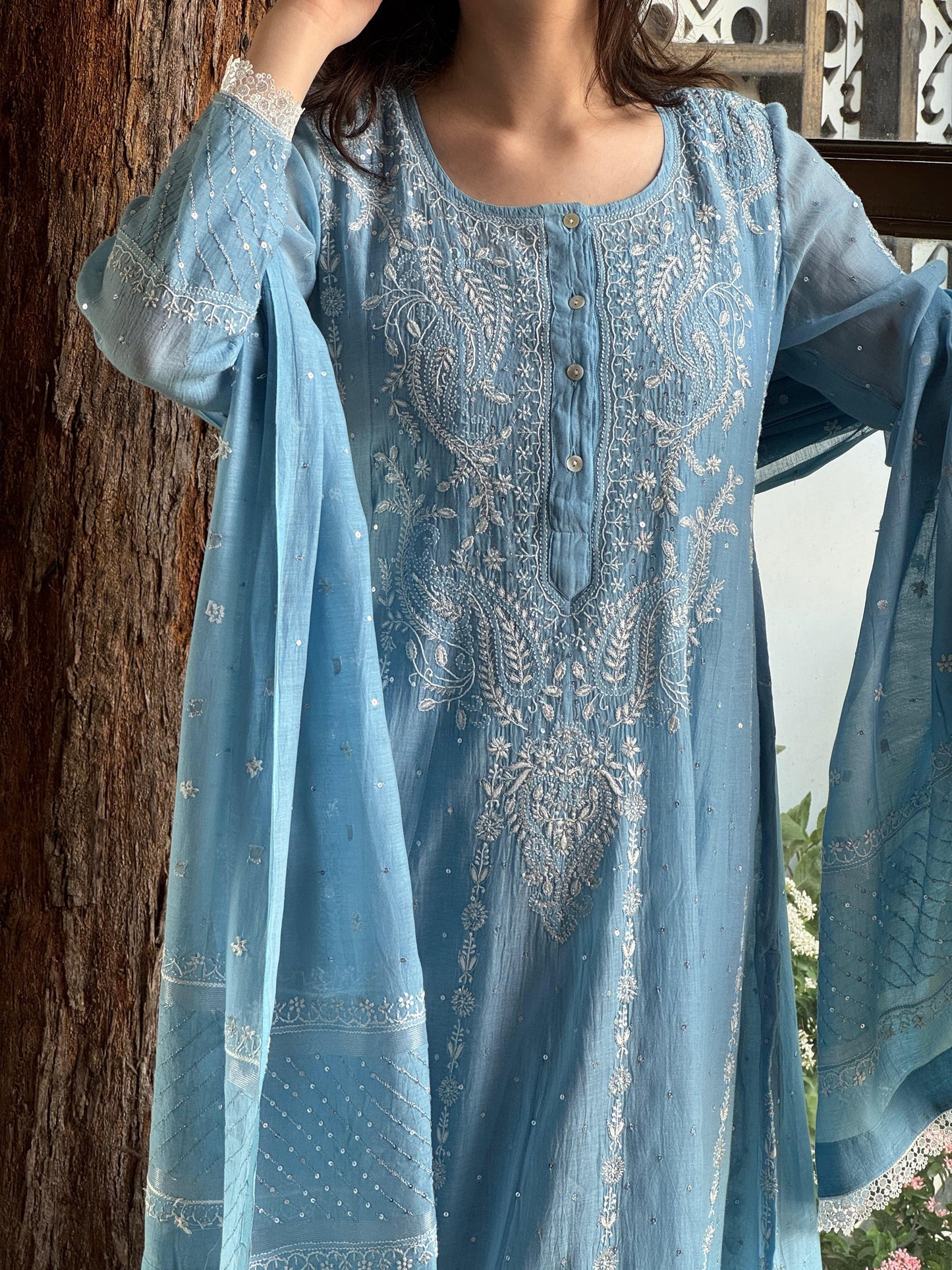 Powder Blue Shade Malmal Pearl Work Chikankari Anarkali