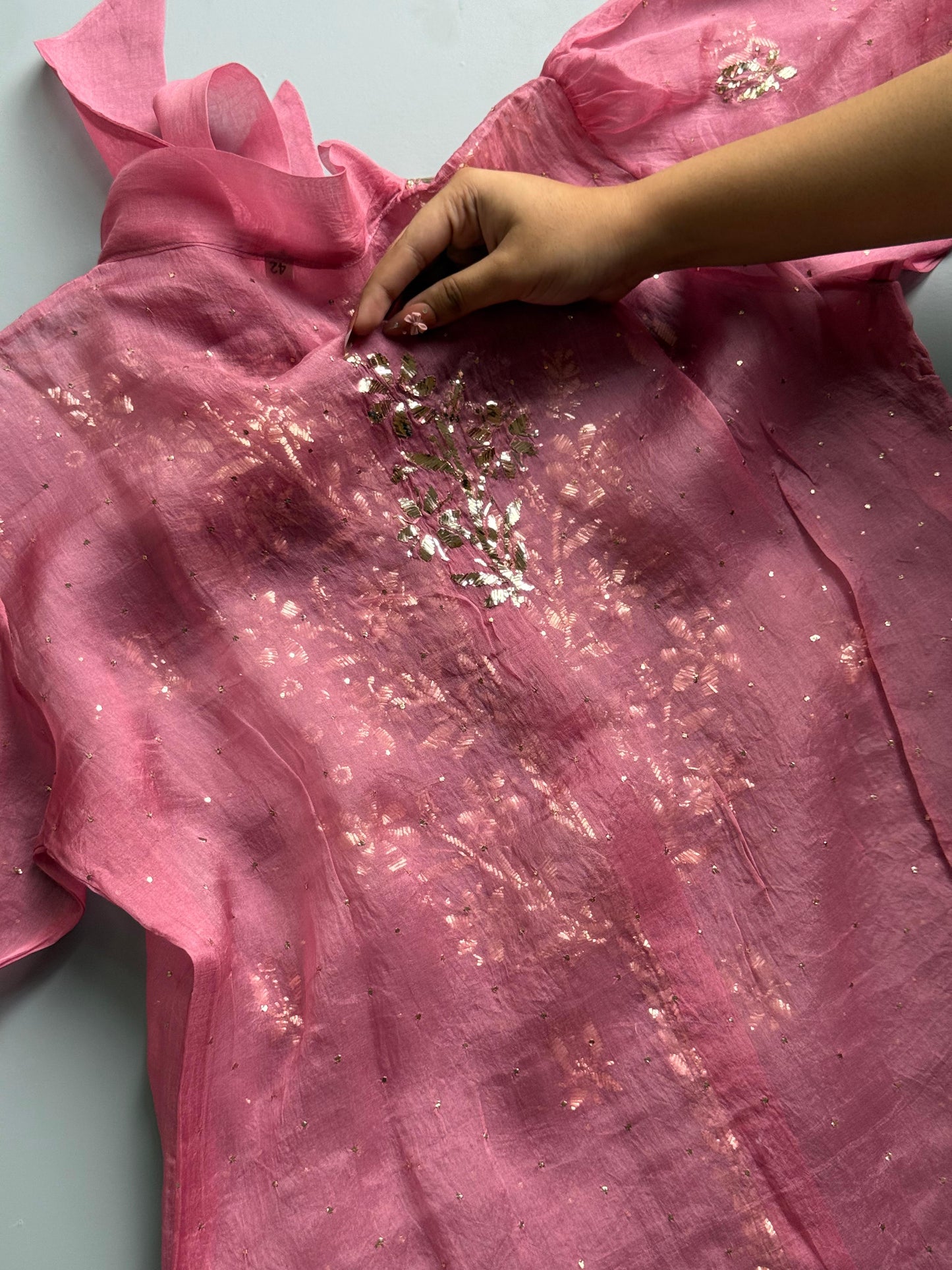 Onion Pink Noor Organza Mukaish Badla Short Top With Bow Tie