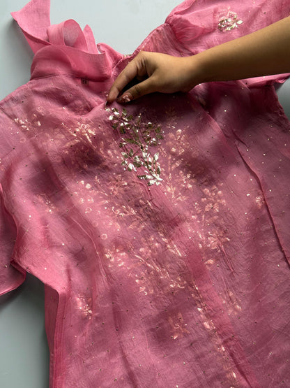 Onion Pink Noor Organza Mukaish Badla Short Top With Bow Tie