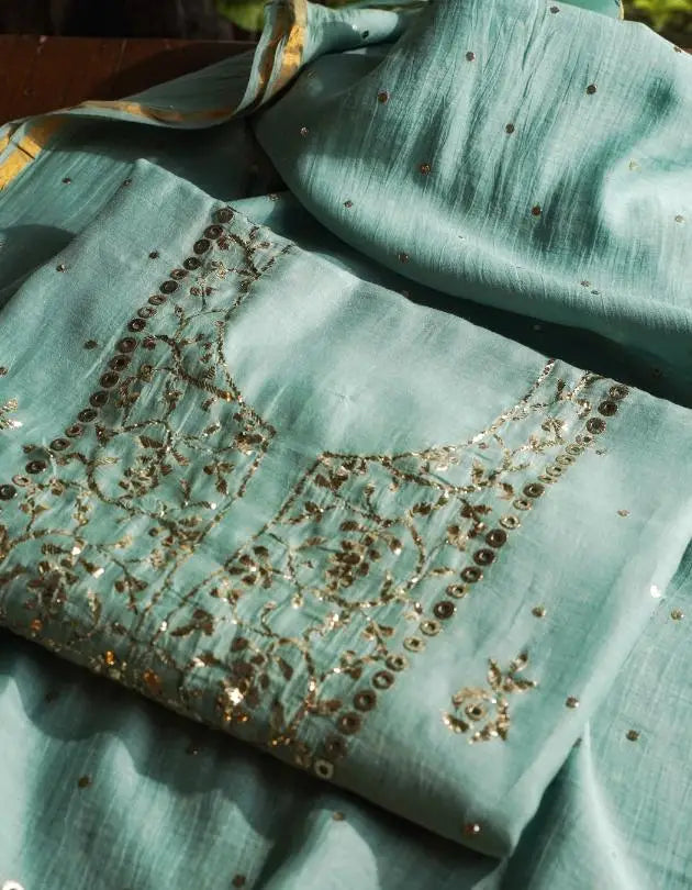 Sea Green Chanderi Silk Mukaish Badla Unstitched Fabrics