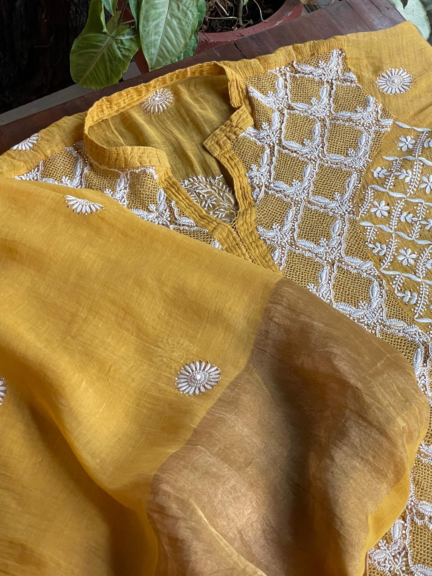Gold Yellow Shade | Tissue Silk Chikankari Jaali Work Kurta Set
