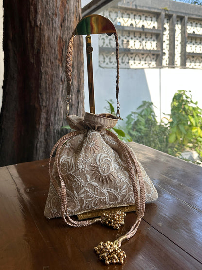 Natural Beige Raw Silk Chikankari Polti Bag