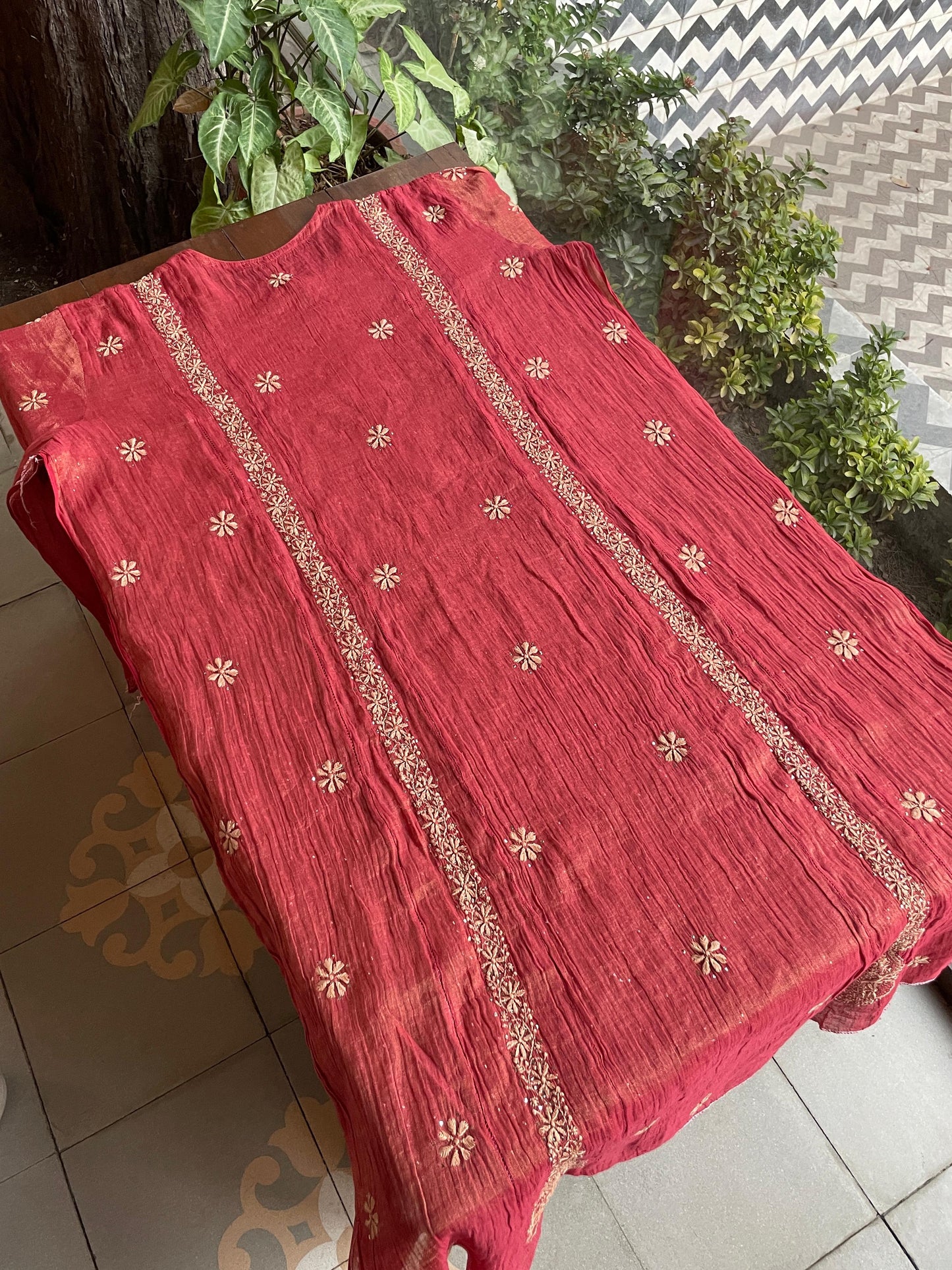 Dusty Red Shade Shade | Tissue Silk Chikankari Work Kurta Set
