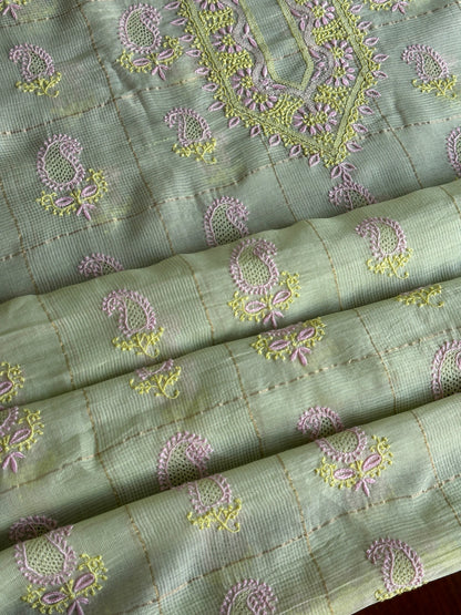 Olive Green Shade Tissue Zari Kota Chikankari Unstitched Fabric