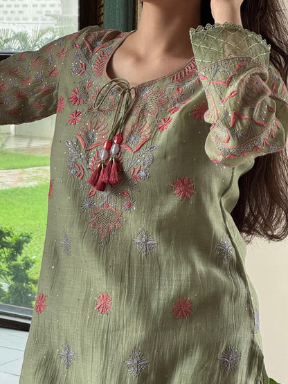 Green Shade Mul Chanderi Chikankari Farshi Sets