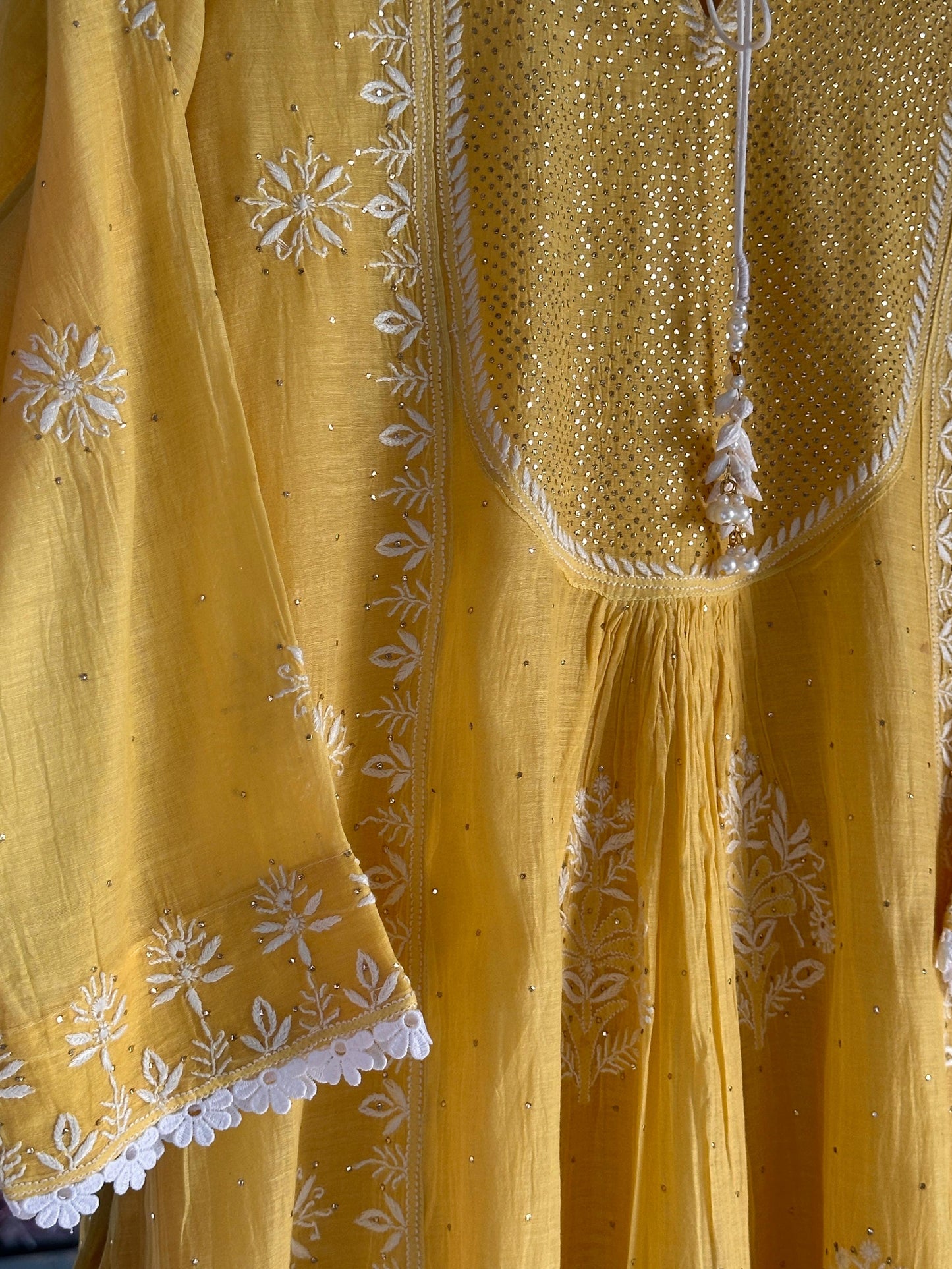 Yellow Mal Mukaish Kamdani Chikankari Kurta Dupatta Set