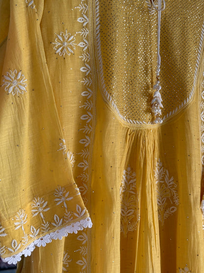 Yellow Mal Mukaish Kamdani Chikankari Kurta Dupatta Set