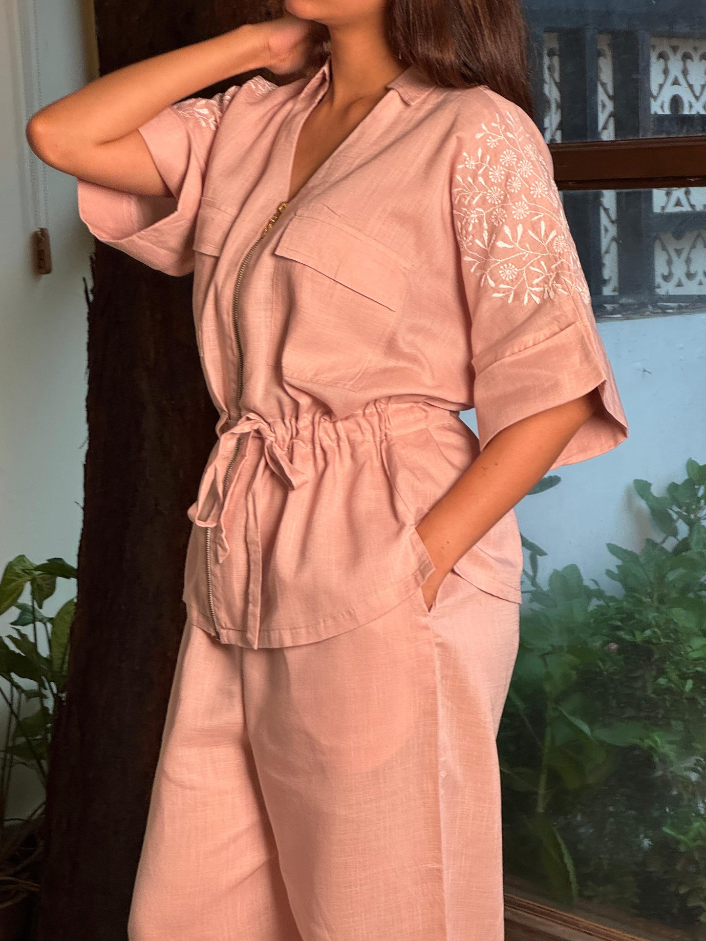 Linen Chikankari Safari Co-Ord Set