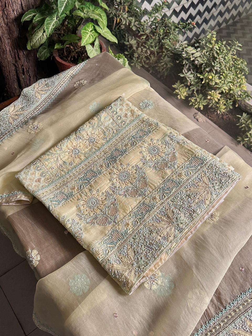 Lemon Shade Noor Banarasi Organza Chikankari Unstitched Fabric