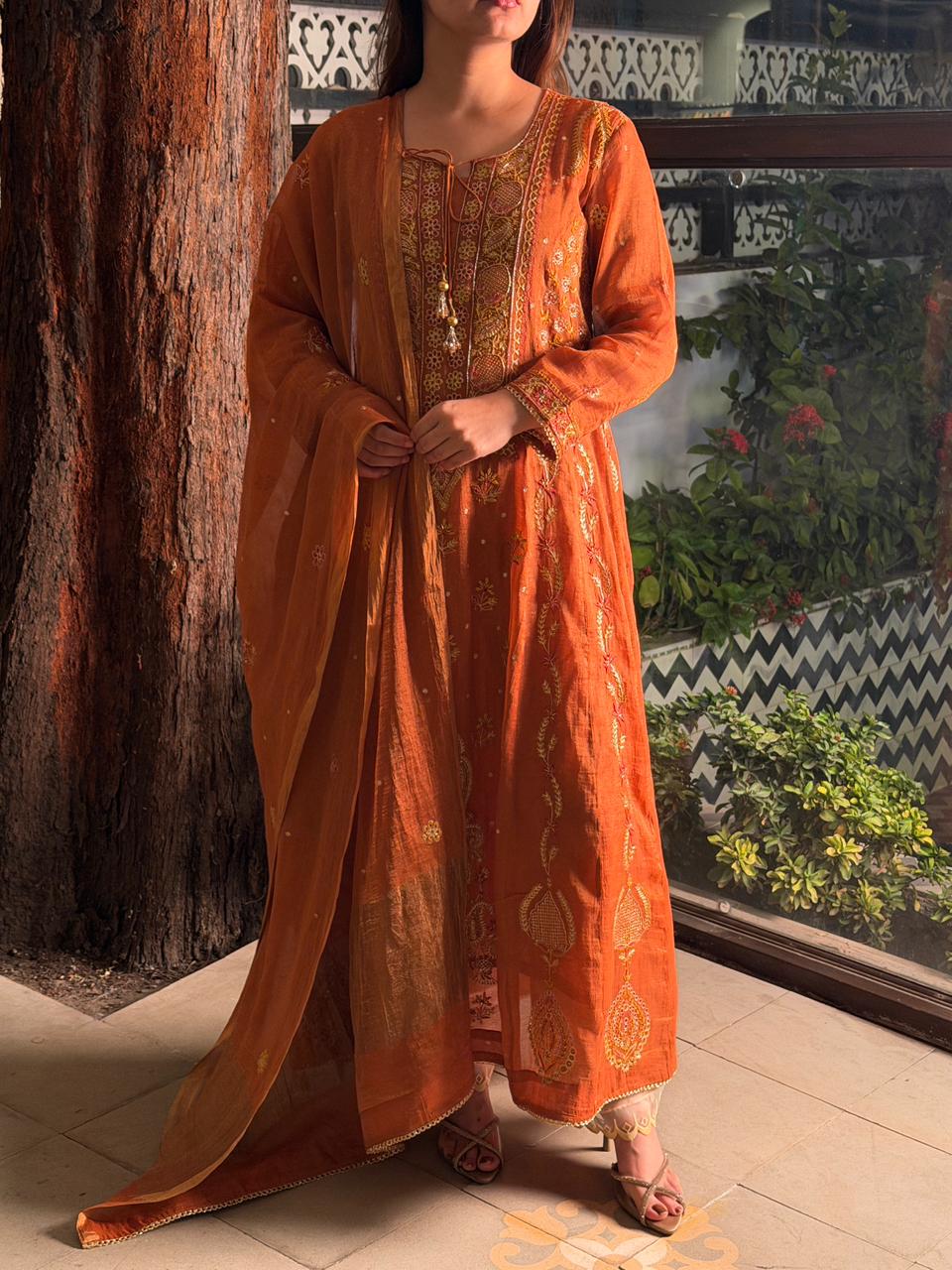 Rust Orange Shade Tissue Silk Chikankari Anarkali With Ari Work