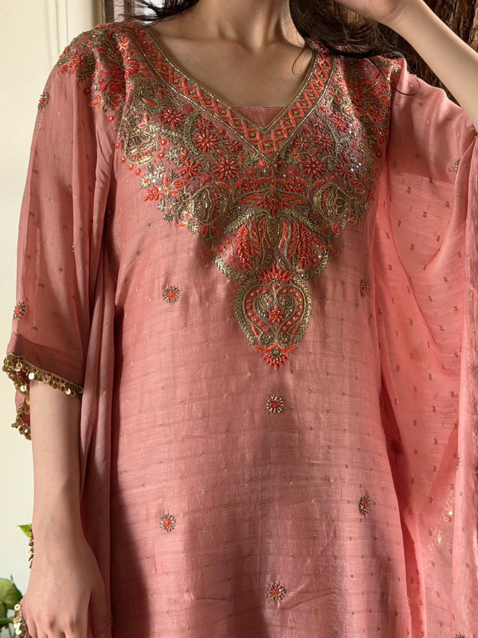 Peach Shade Zari Chanderi Chikankari Kaftan