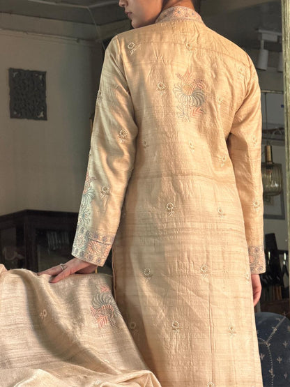 Intricate Natural Tussar Silk Chikankari RTW Jacket Set