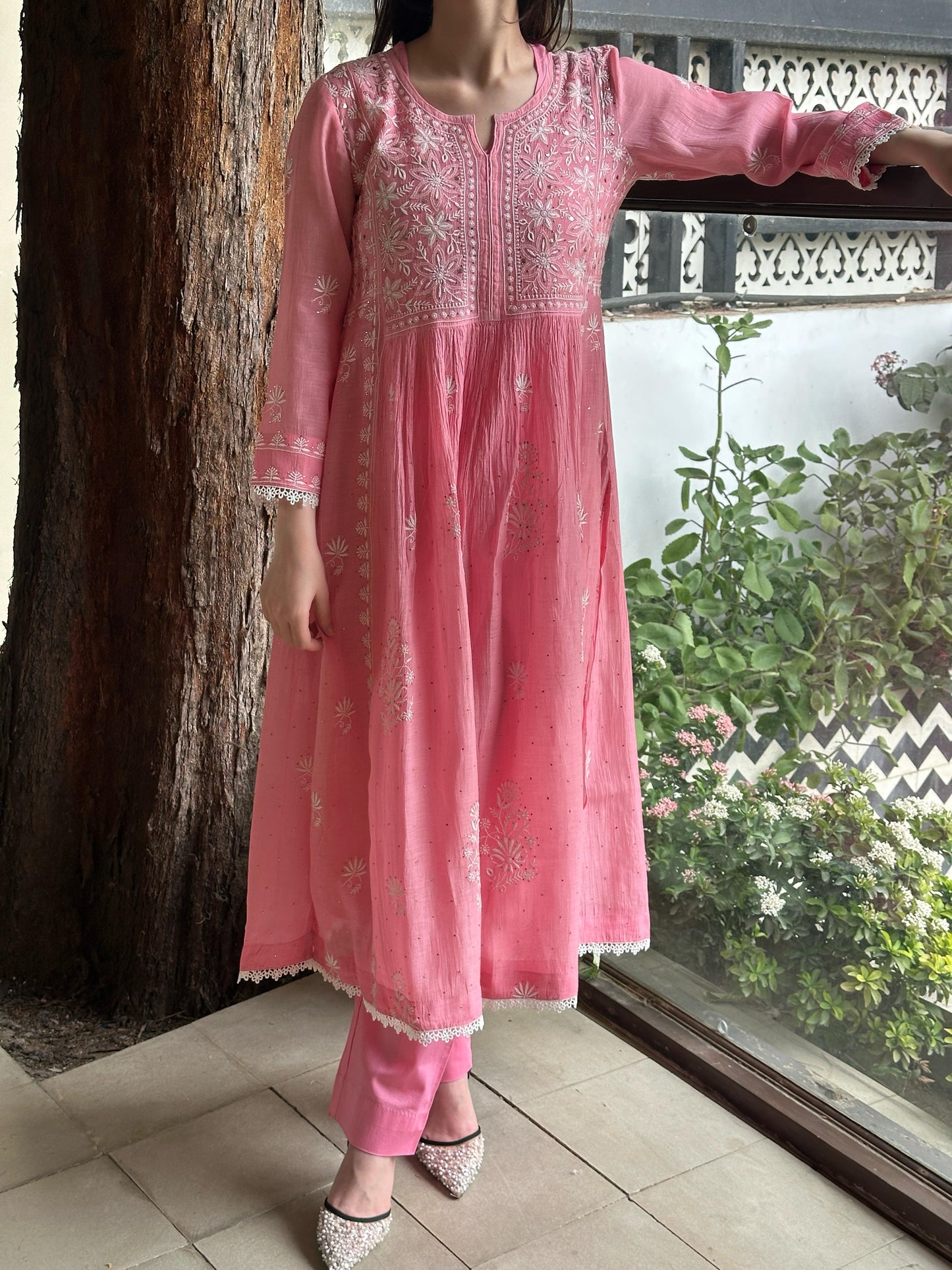 Pink Shade Malmal Mukaish Kamdani Chikankari Kurta Set