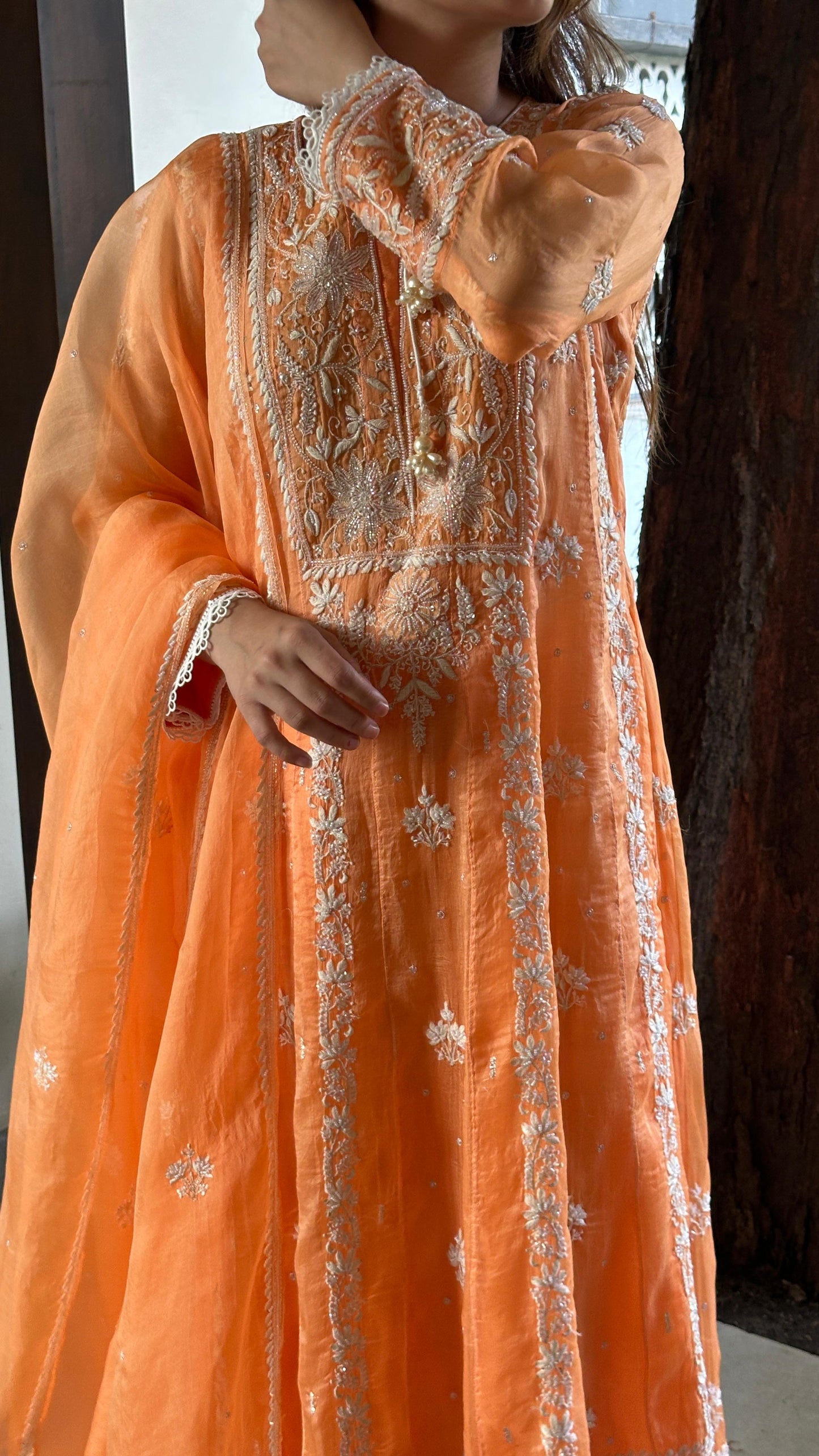 Orange Noor Organza Chikankari Anarkali Kurta With Dupatta