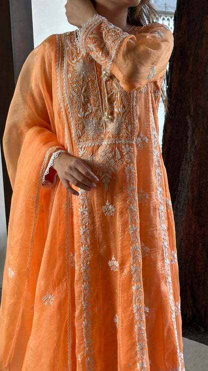 Orange Noor Organza Chikankari Anarkali Kurta With Dupatta