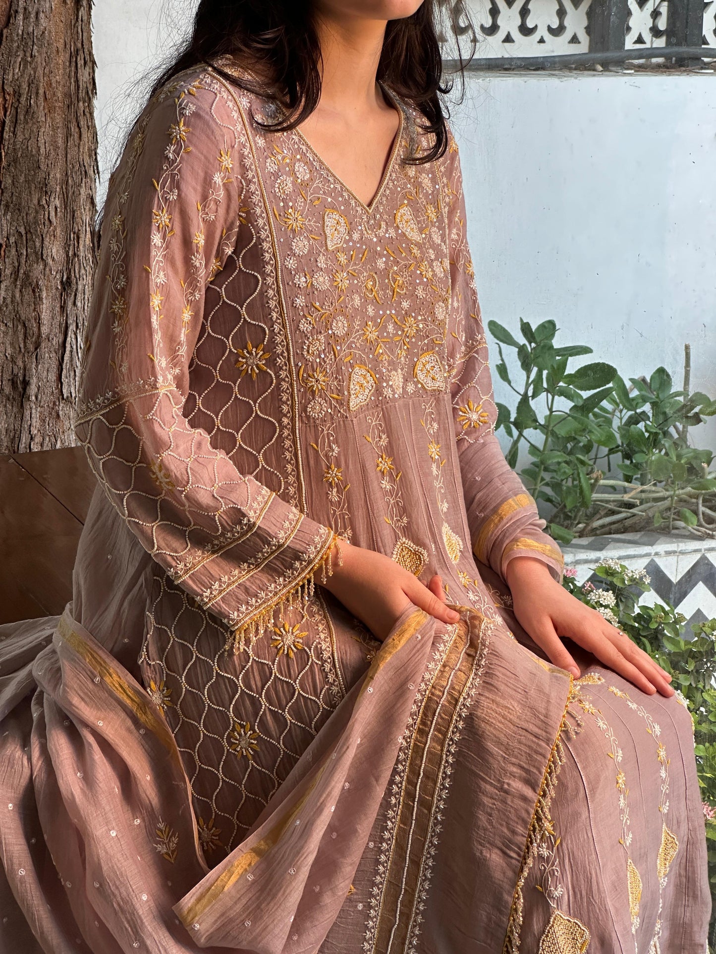 Mauve Shade Malmal Pearl Work Chikankari Kalidar Kurta Set
