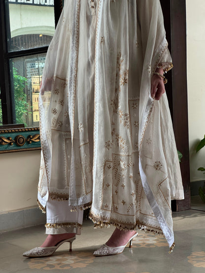 Ivory Kota Pattu Chikankari Suit Set with Organza Dupatta & Pearl Loop Buttons