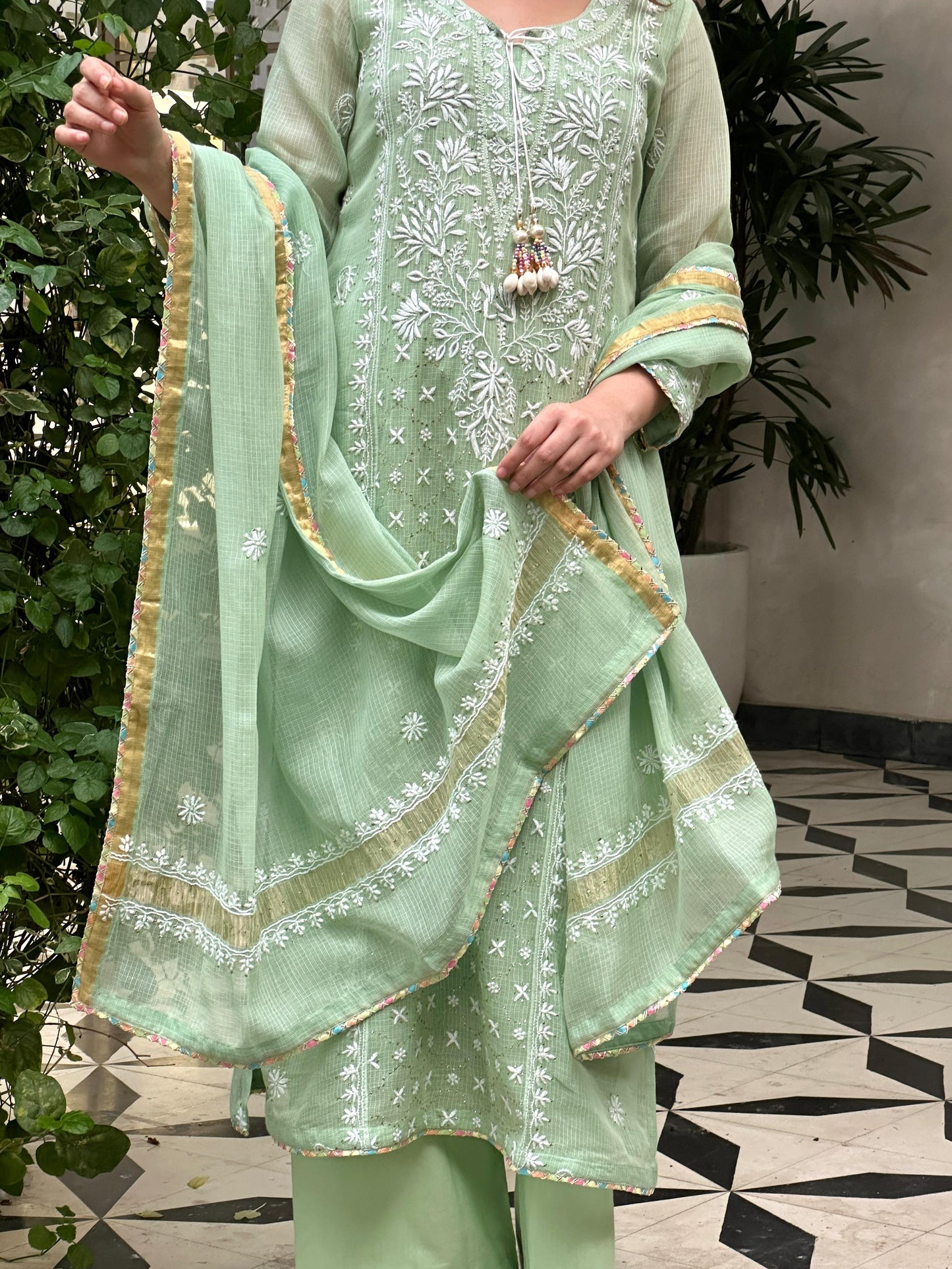 Green Shade Kota Applique Chikankari Kurta Dupatta Set