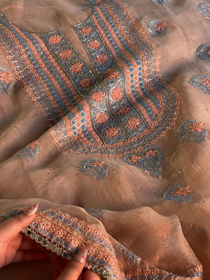 Peach Shade Noor Organza Silk Chikankari Unstitched Kurta Dupatta Set