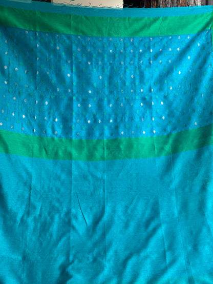 Blue Woven Butta Saree with Contrast Green Border