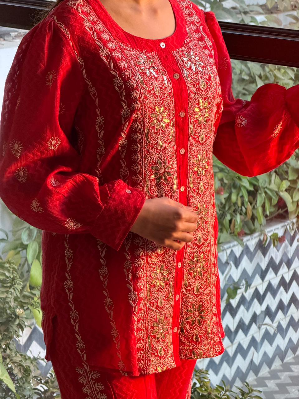 Crimson Red | Jacquard Sequins Chikankari Co-Ord Set