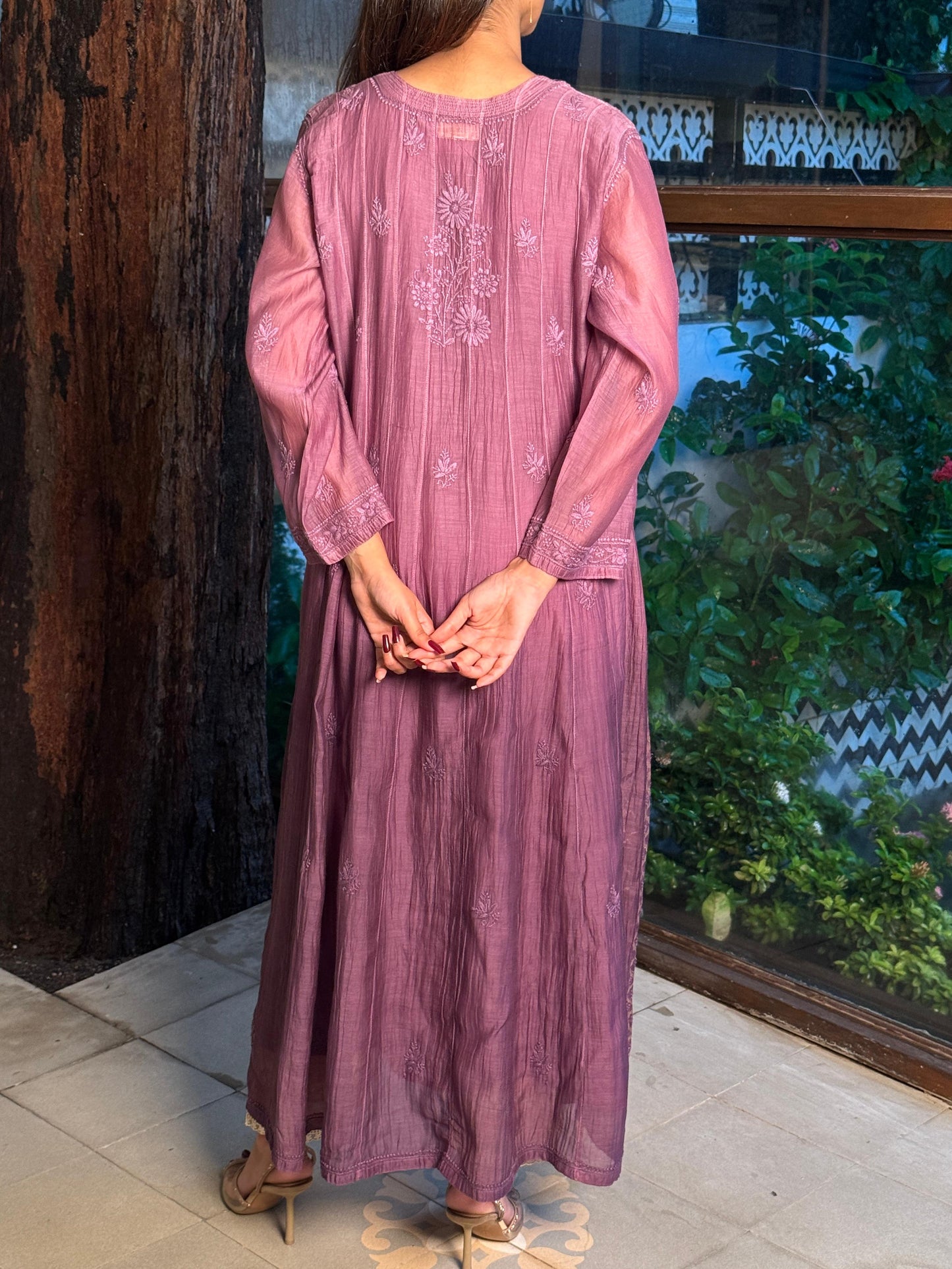 Purple Zari Chanderi Chikankari A Line Kurta with Slip
