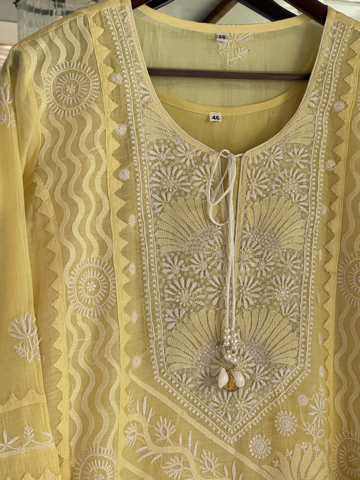 Yellow Shade Malmal Straight Cut Applique Chikankari Pearl & Sequins Kurta Set