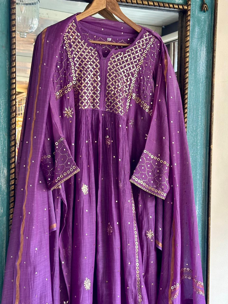 Deep Purple Shade Mukaish Mul Chanderi Silk Dress
