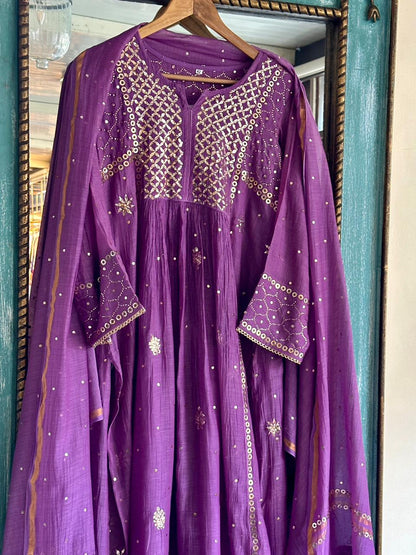 Deep Purple Shade Mukaish Mul Chanderi Silk Dress