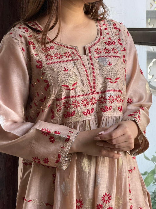 Almond Pink Zari Chanderi Chikankari Ready to Wear Tunics