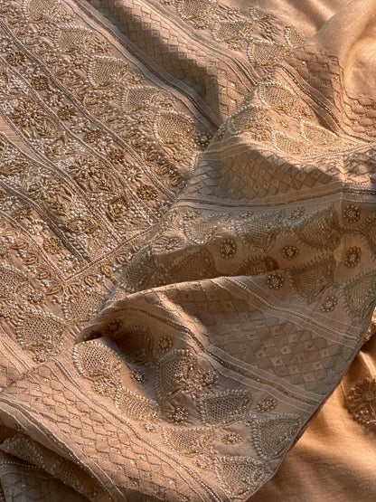 Natural Moonga Silk Chikankari Unstitched Fabric