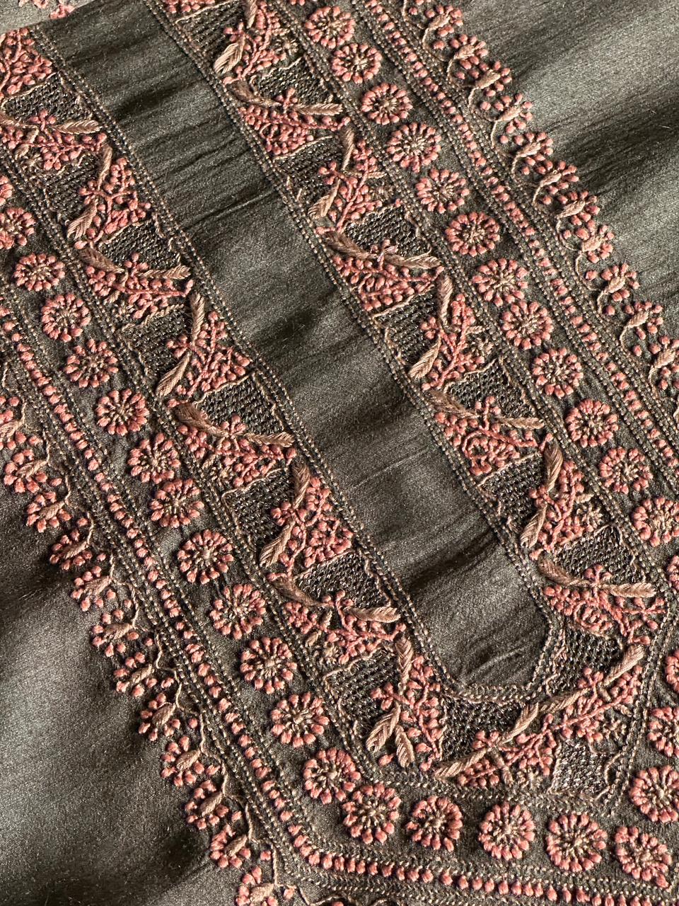 Olive Green Moonga Silk Chikankari Men’s Kurta Fabric