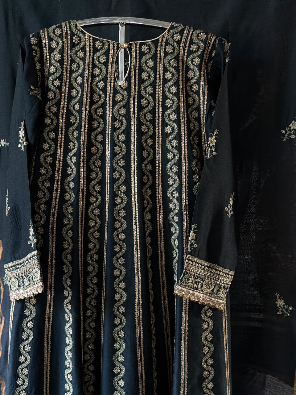 Roheen Black Moonga Silk Chikankari Anarkali With Dupatta