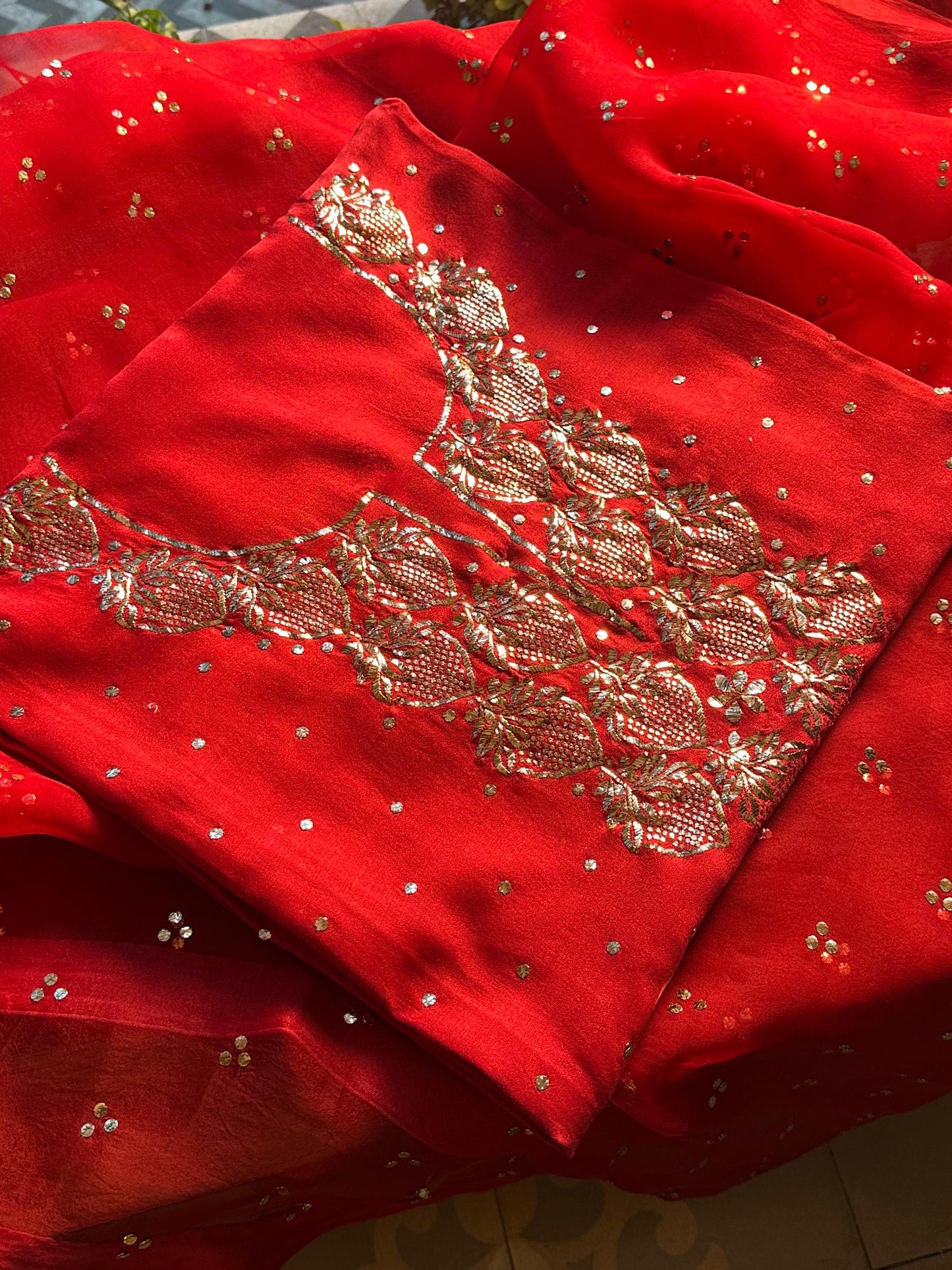Red Chanderi Silk Mukaish Badla Unstitched Fabrics