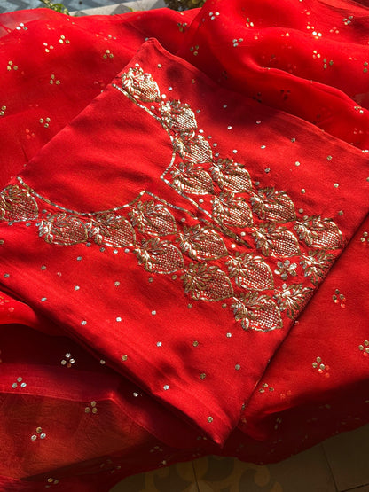 Red Chanderi Silk Mukaish Badla Unstitched Fabrics