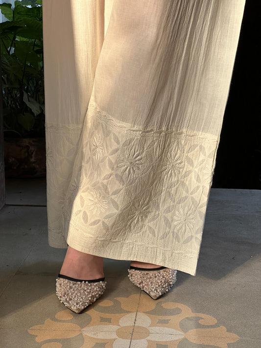 Off White Daraz Cotton Applique Chikankari Palazzo