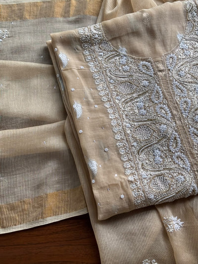 Beige Shade Banarasi Zari Chanderi Unstitched Chikankari Fabric