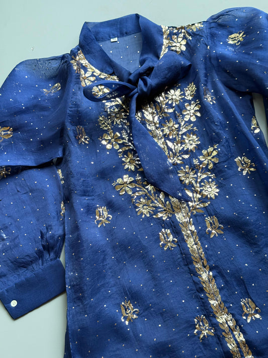 Blue Noor Organza Mukaish Badla Short Top With Bow Tie