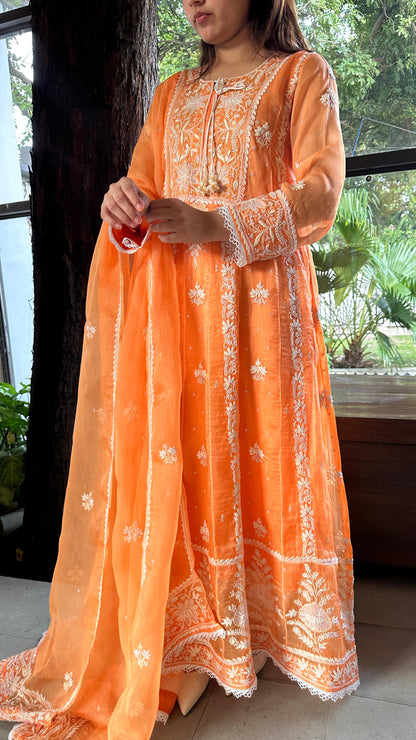Orange Noor Organza Chikankari Anarkali Kurta With Dupatta