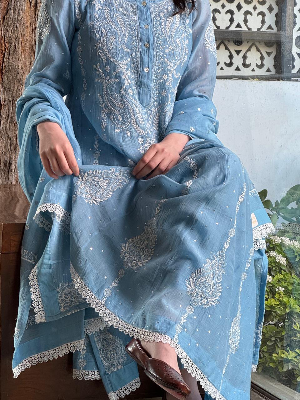 Powder Blue Shade Malmal Pearl Work Chikankari Anarkali