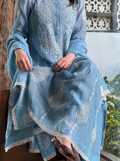 Powder Blue Shade Malmal Pearl Work Chikankari Anarkali