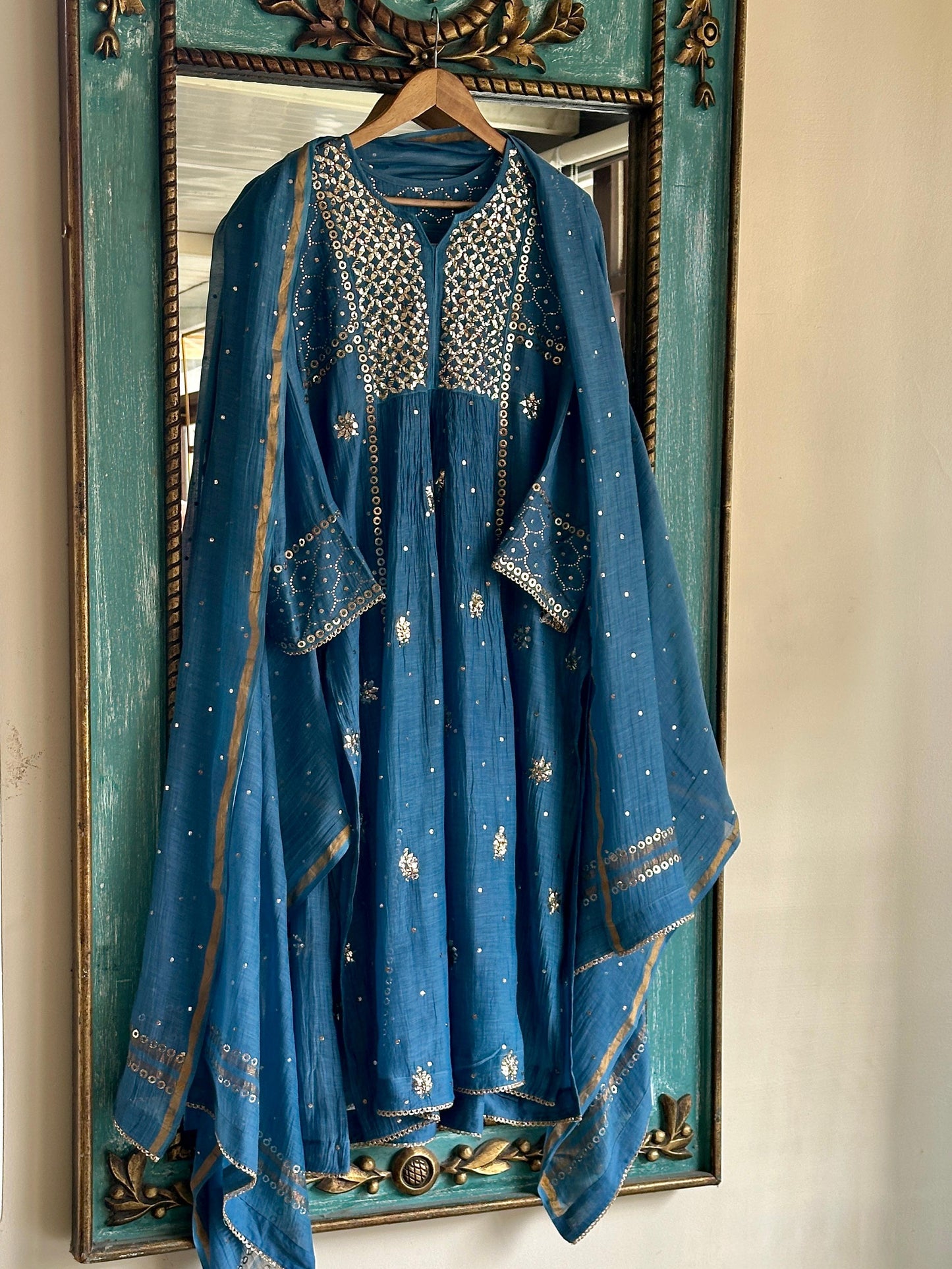 Blue Shade Mukaish Mul Chanderi Silk Dress