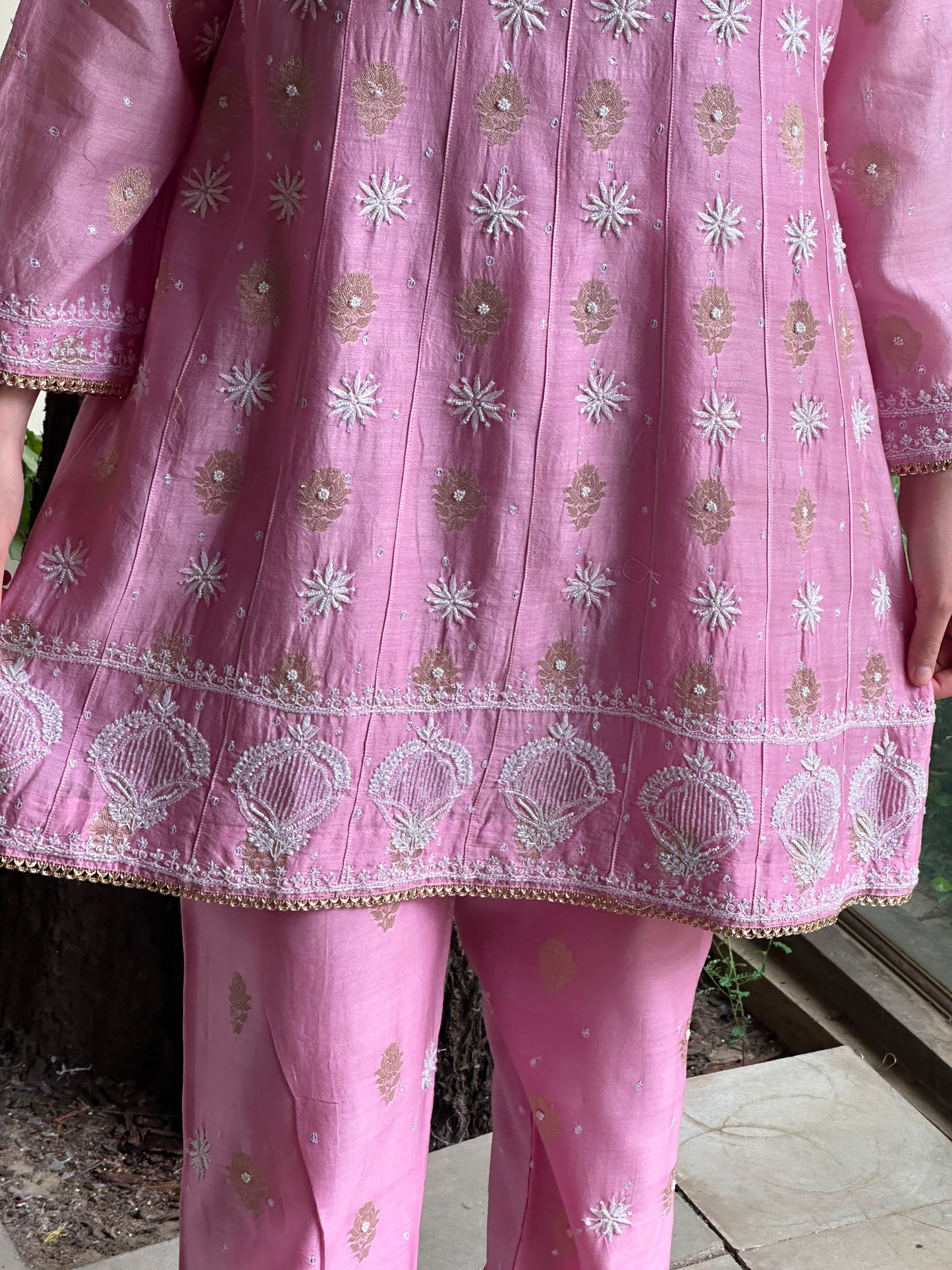 Soft Pink Zari Chanderi Chikankari Co-Ord Set