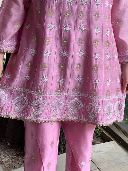 Soft Pink Zari Chanderi Chikankari Co-Ord Set