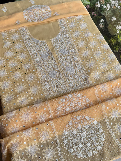 Melon Yellow shade Georgette Mirror Work Chikankari Kurta Dupatta Set
