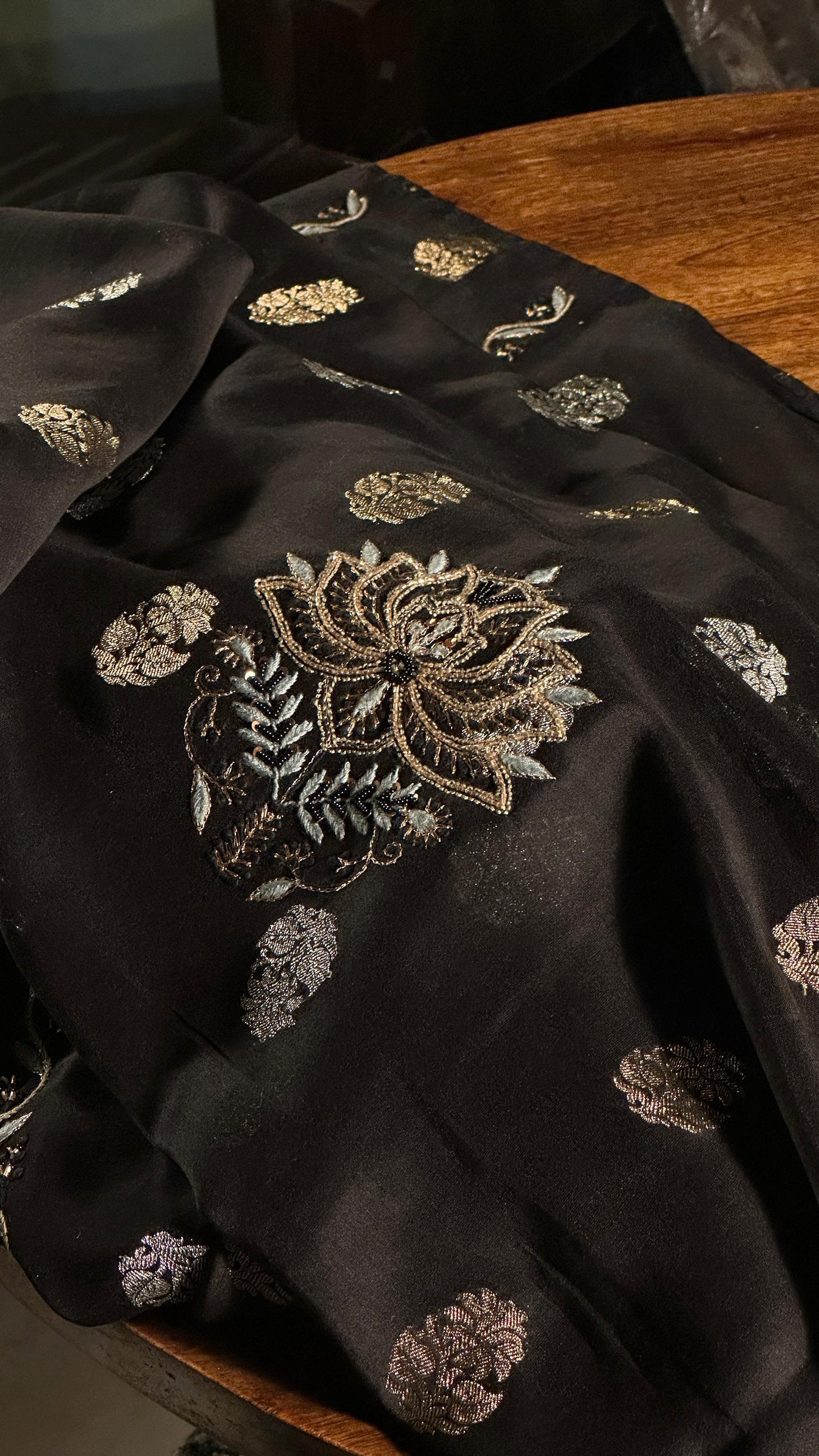 Black & Grey Banarasi Zari Chanderi Unstitched Chikankari Fabric